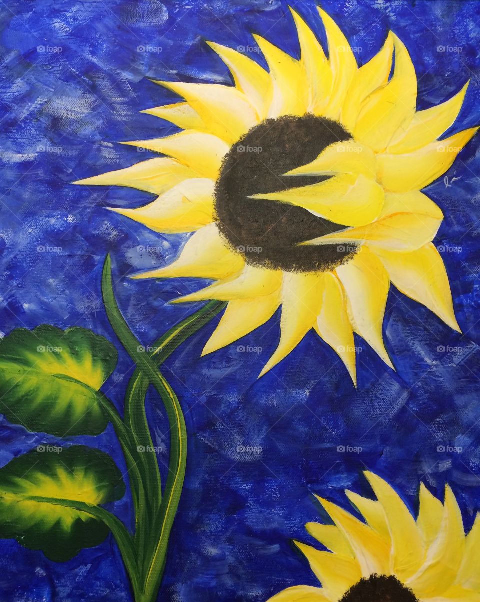 Painting of sunflowers with leafs blowing in the wind with a blue sky background 