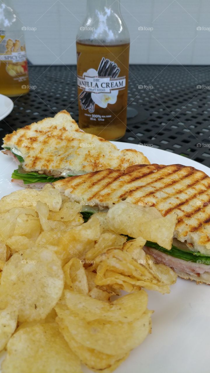 grilled sandwich with spinach, turkey, cheese and home made potato chips