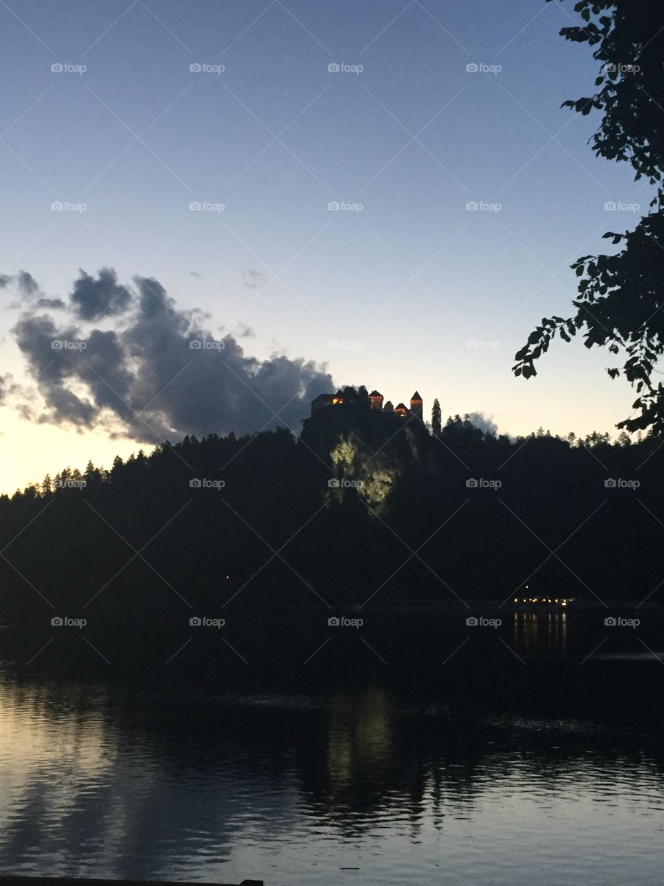 Silhouette of castle at lake bled slovenia