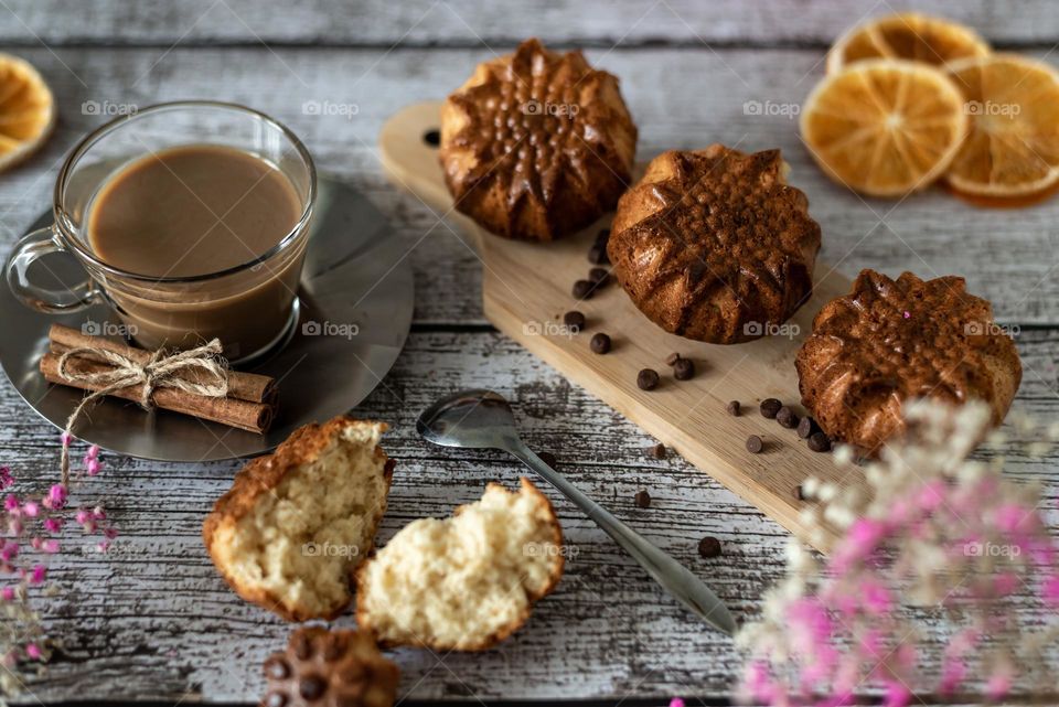 Delicious beautiful breakfast homemade muffins and coffee latte close-up photo food