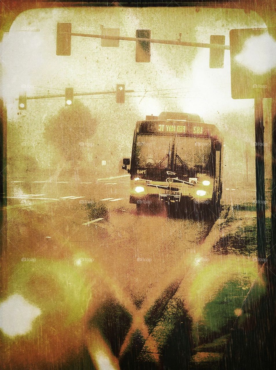 City bus in the rain