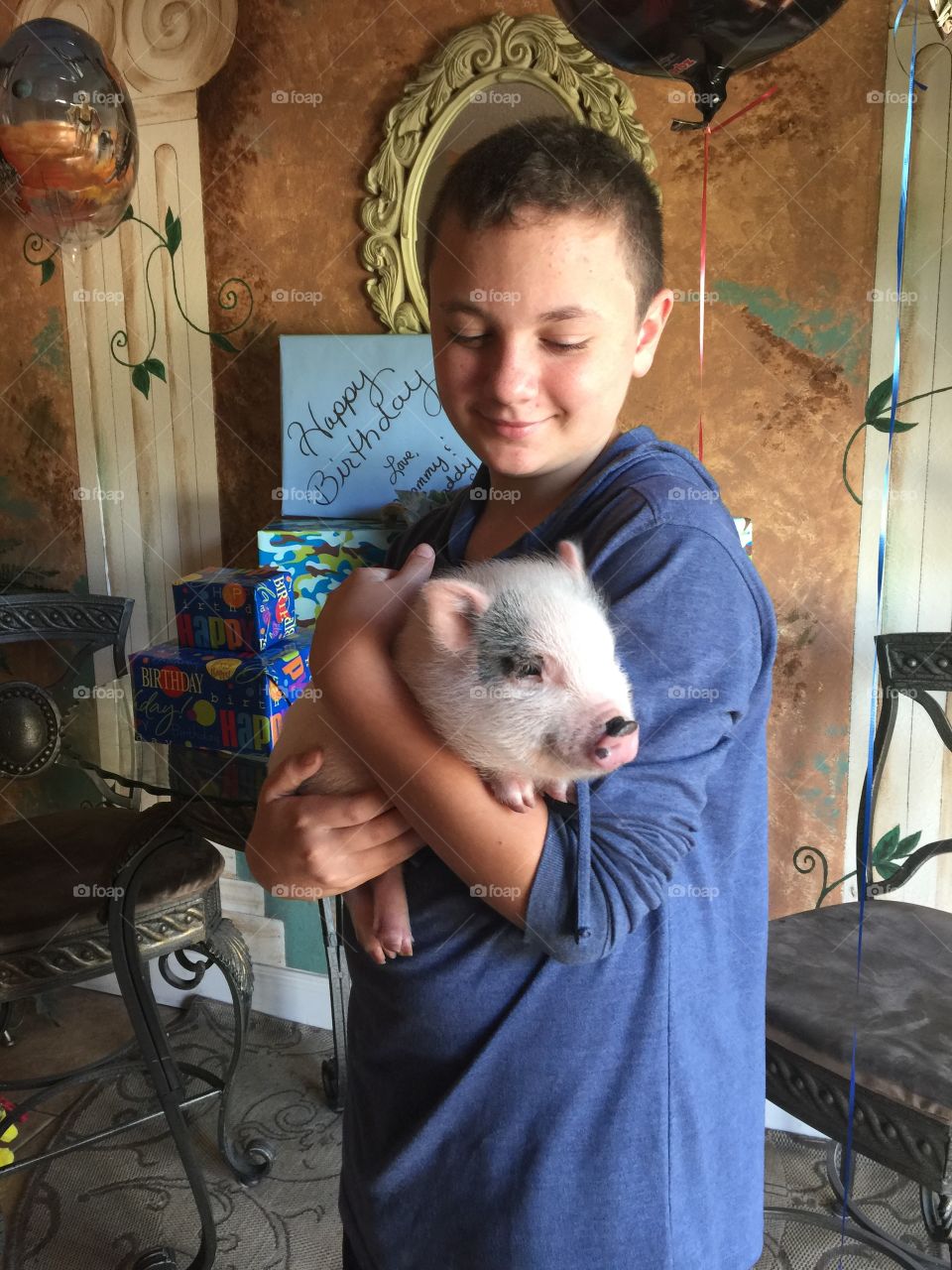 Portrait of boy holding pig