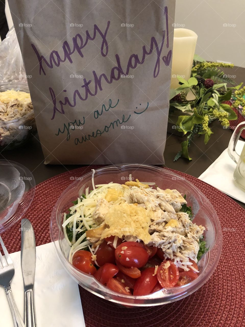Organic salad kale chicken tomatoes Parmesan birthday takeout lunch 