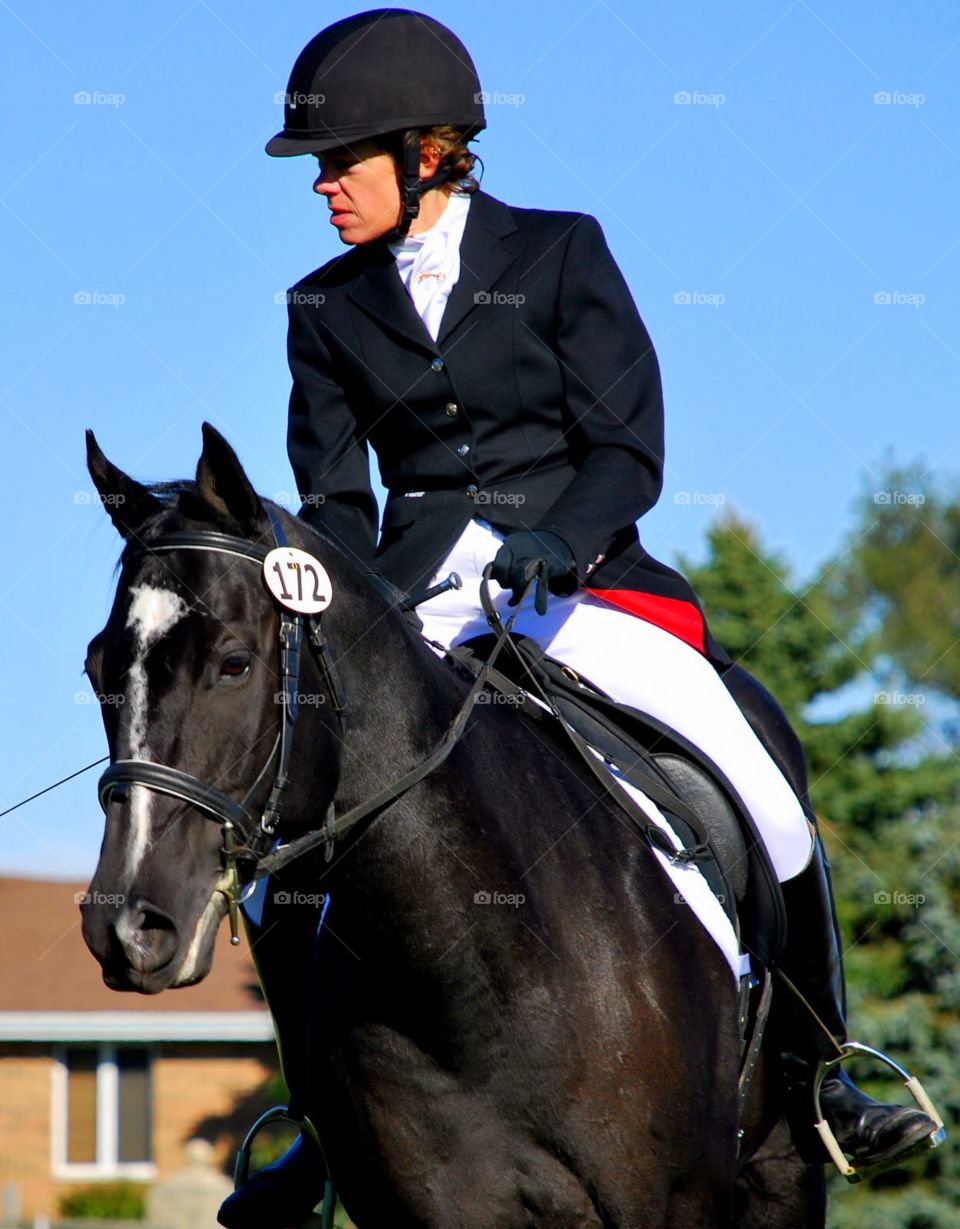 Dress reds. A Black horse and rider in a black jacket with red trim compete in an equestrian event