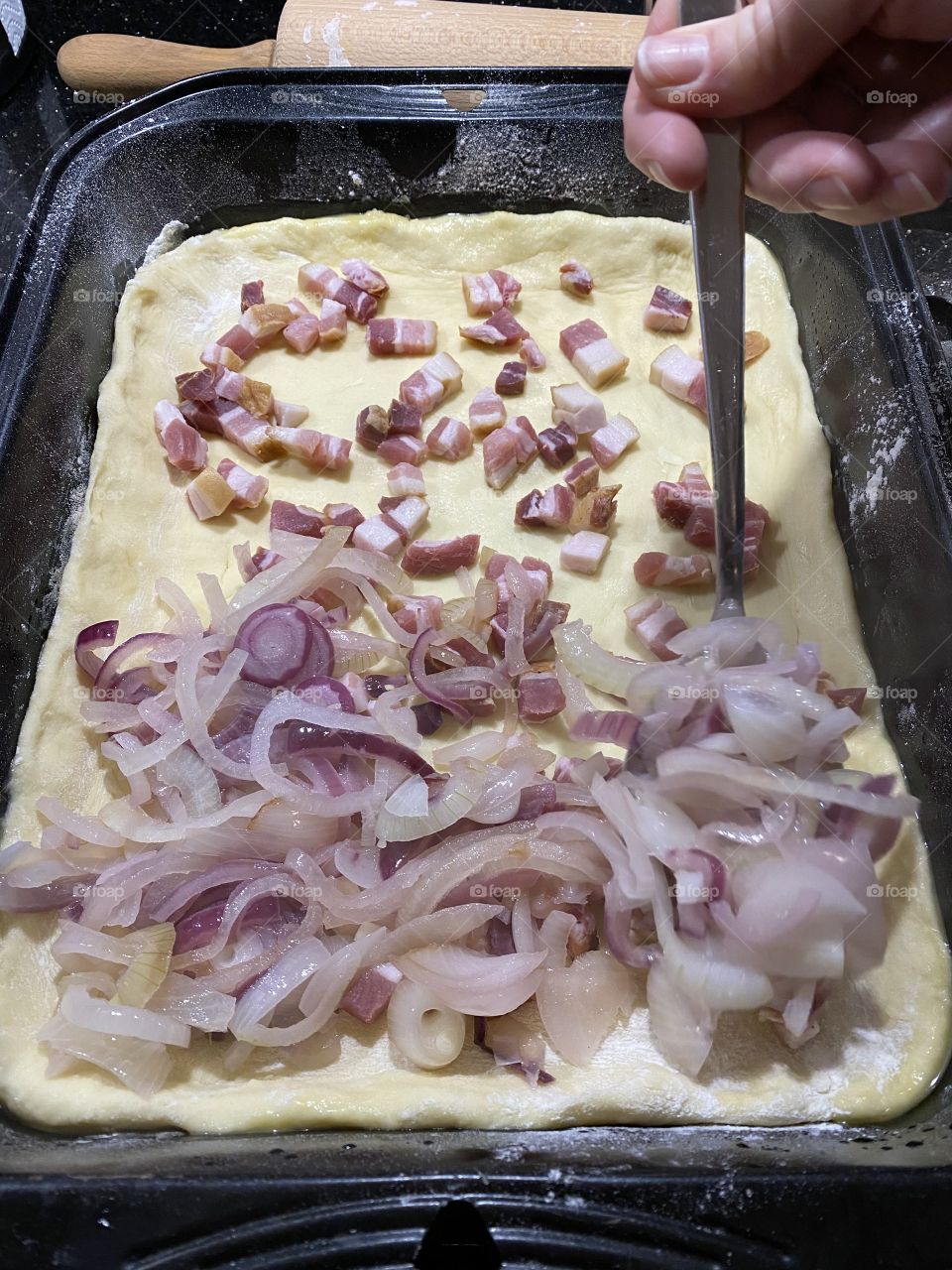 Onion cake with bacon homemade 