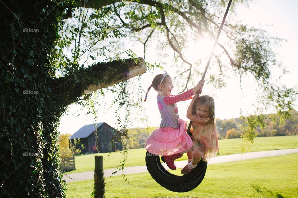 Young girls on tire swing in summertime. Laughing girls swinging on tire from a tree  in the summer