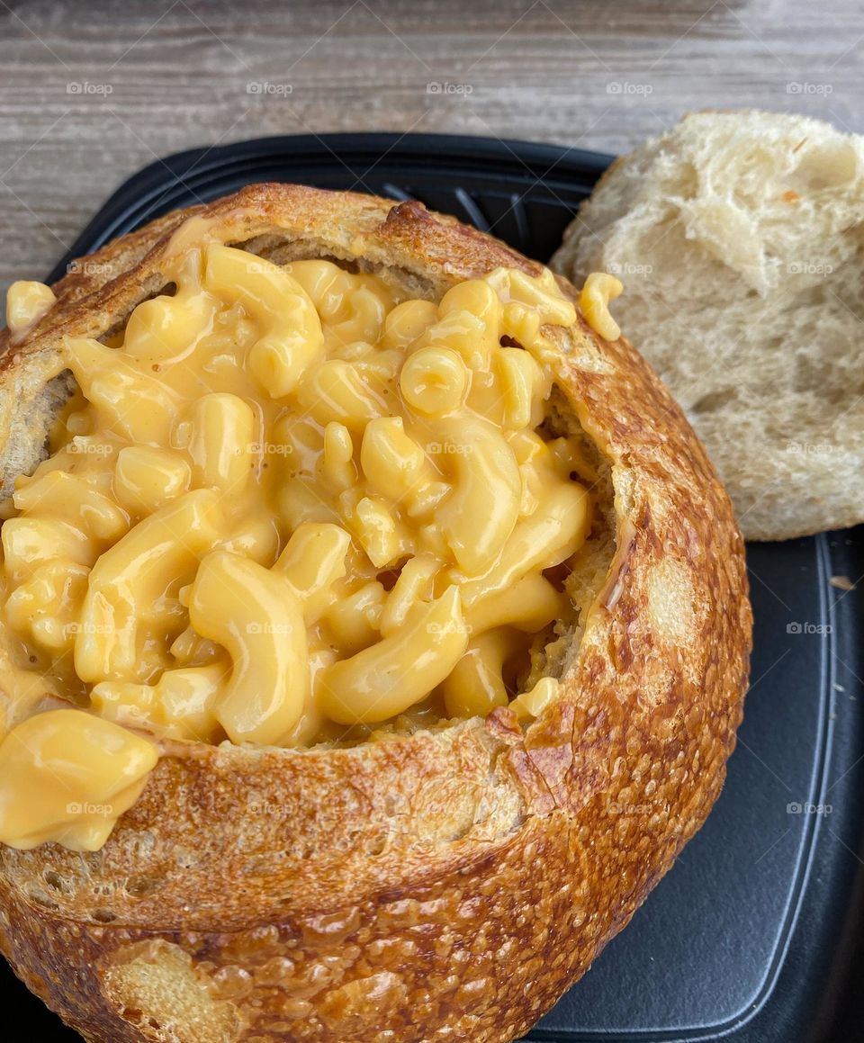 Geometry mission - circles.  A circular bread bowl is filled with creamy Mac and cheese 