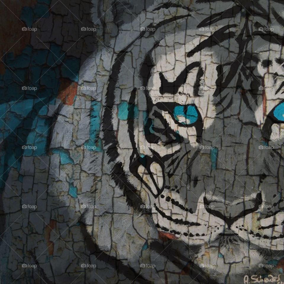 schwarz weißer Tiger mit türkisfarbenen Augen, bearbeitet, gemalt, Acryl auf Leinwand