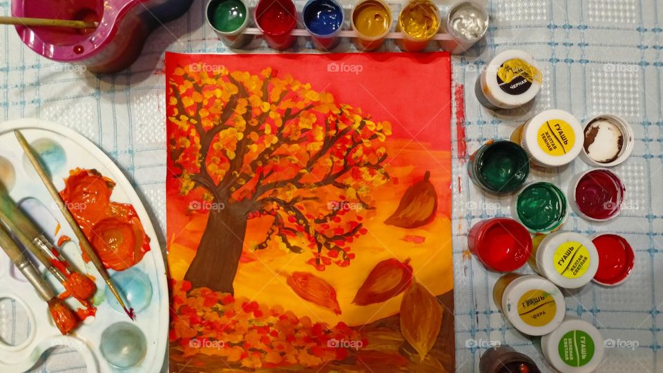 autumn drawing, paints, brushes, gouache, colorful, bright, orange, drawing, palette