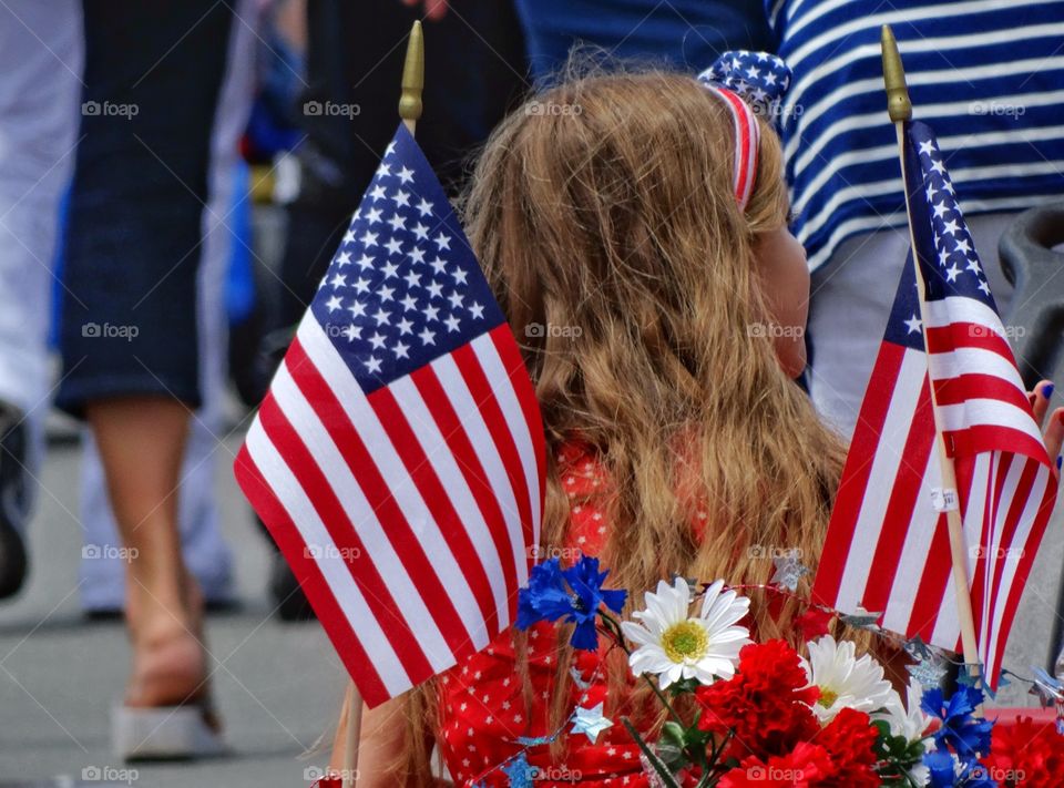 American Pride. Young Girl With American Flags
