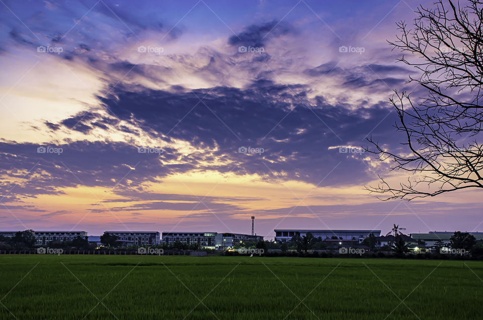 Beautiful light of Sunset with clouds in the sky reflection behind the building and paddy fields.