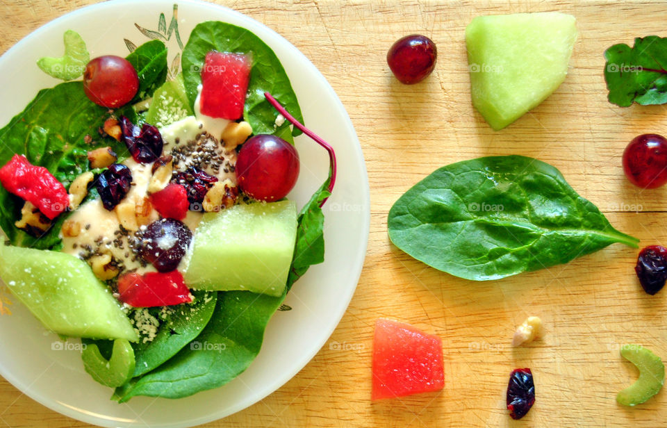 Flat Lay of Waldorf Salad and ingredients