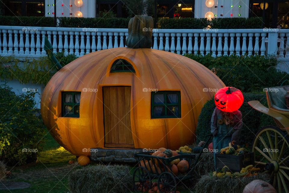 Pumpkin house on display at theme park Tivoli in Copenhagen Denmark.