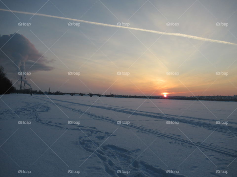 sunset in winter in Central Russia, Voronezh, January, Epiphany frost