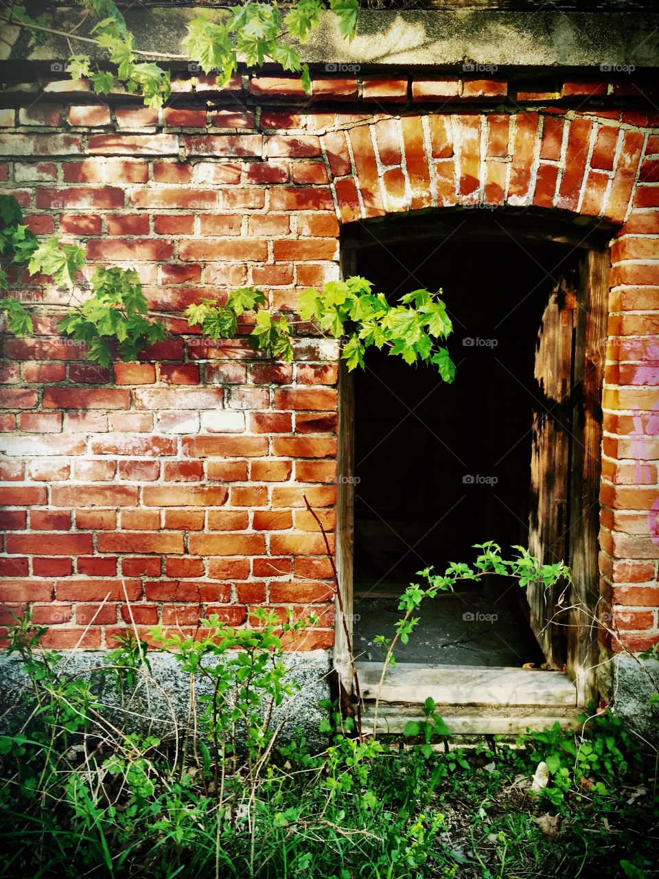 Opened door in abandoned red brick building