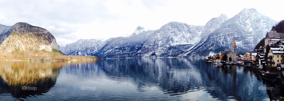 Panoramic view of lake in Hallstatt, Austria