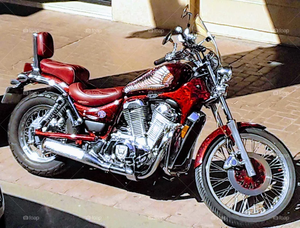 A candy apple red custom made motorcycle