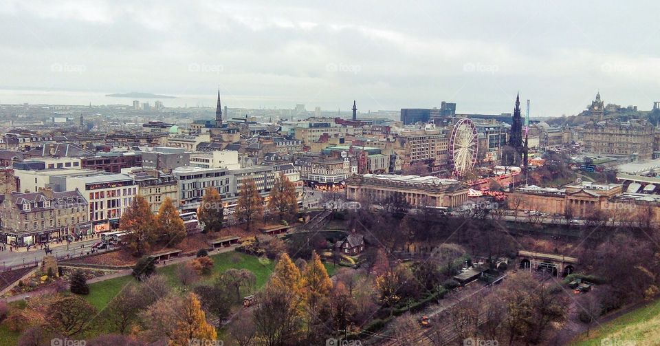View of Edinburgh city center from Edinburgh Castle in Scotland.