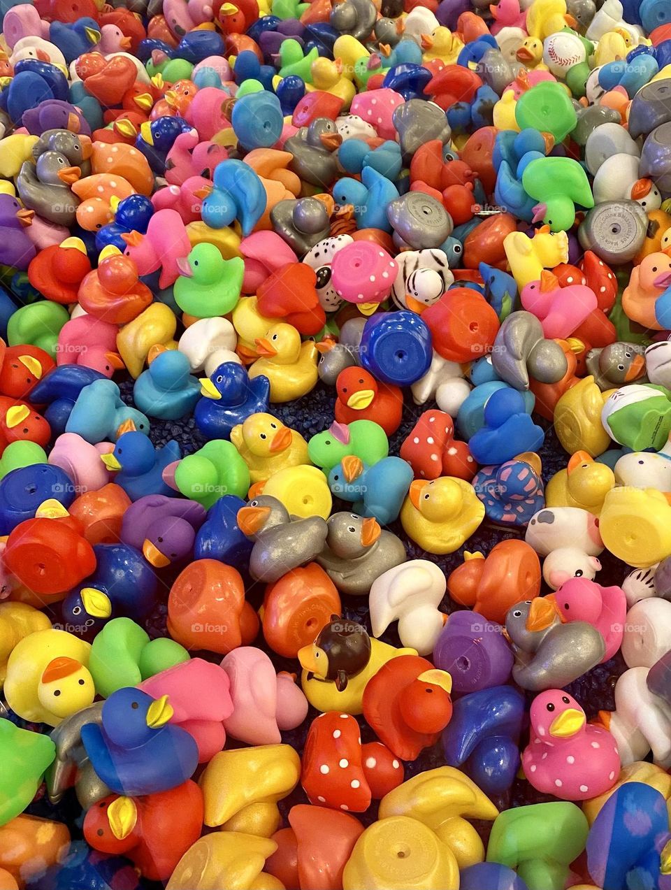 A large selection of bright colorful rubber duckies