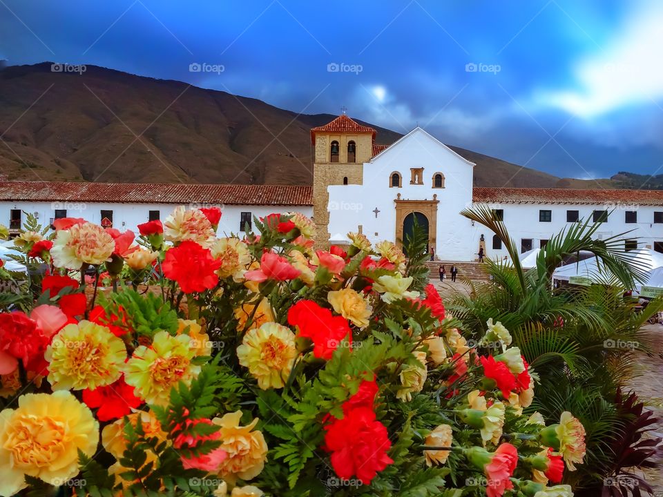 Ramo de claveles amarillos y rojos en el Festival del árbol de Villa de Leyva, Boyacá, Colombia. Yellow and red flowers.