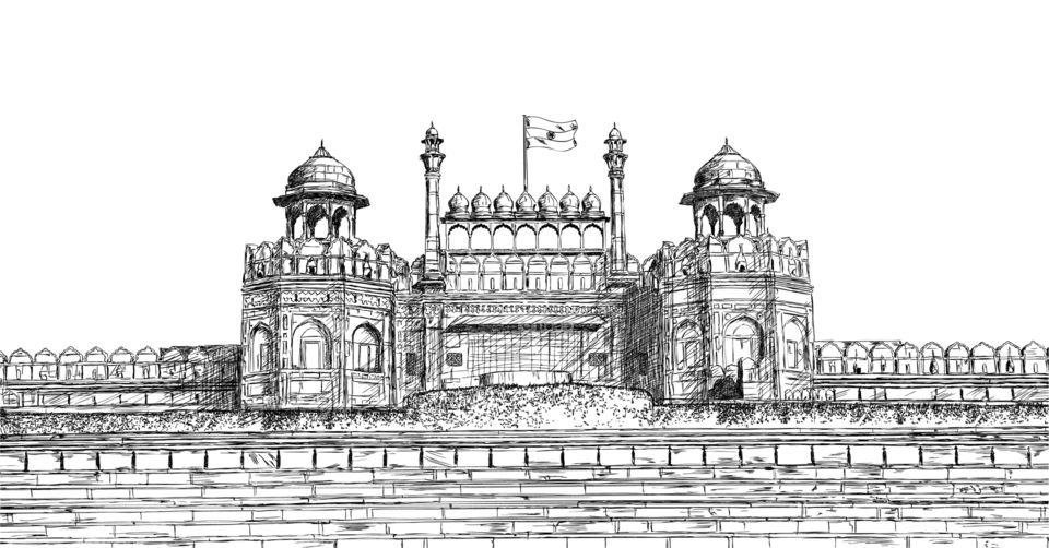Red fort / Lal qila in New Delhi, India - detailed hand drawn vector illustration