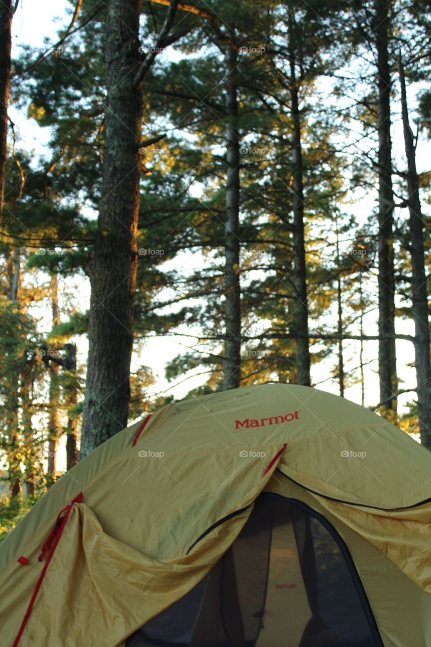 Here is a tent with sun and tress behind it. 