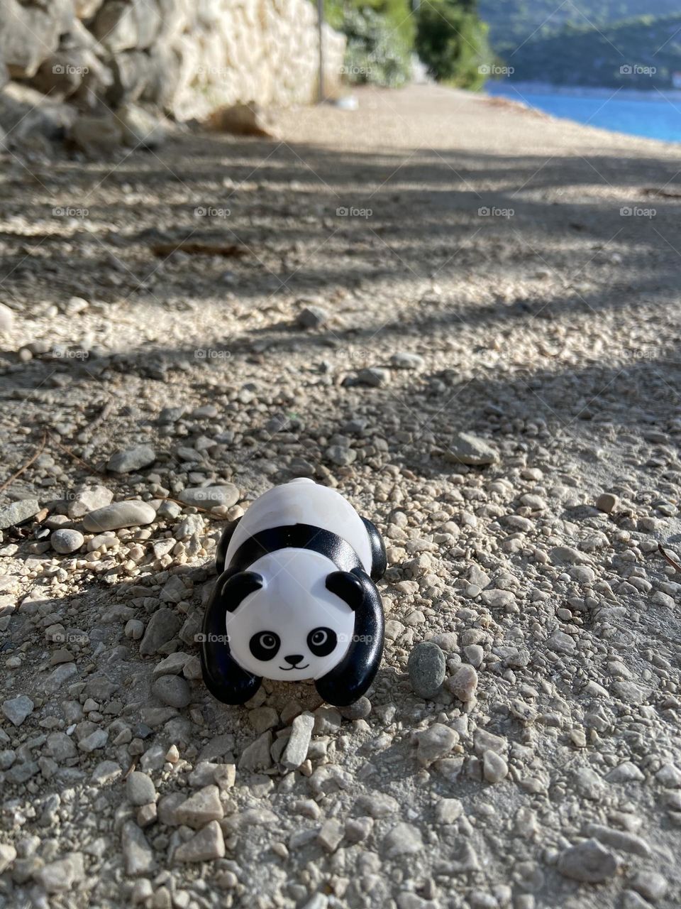 Lost panda toy by the sea.