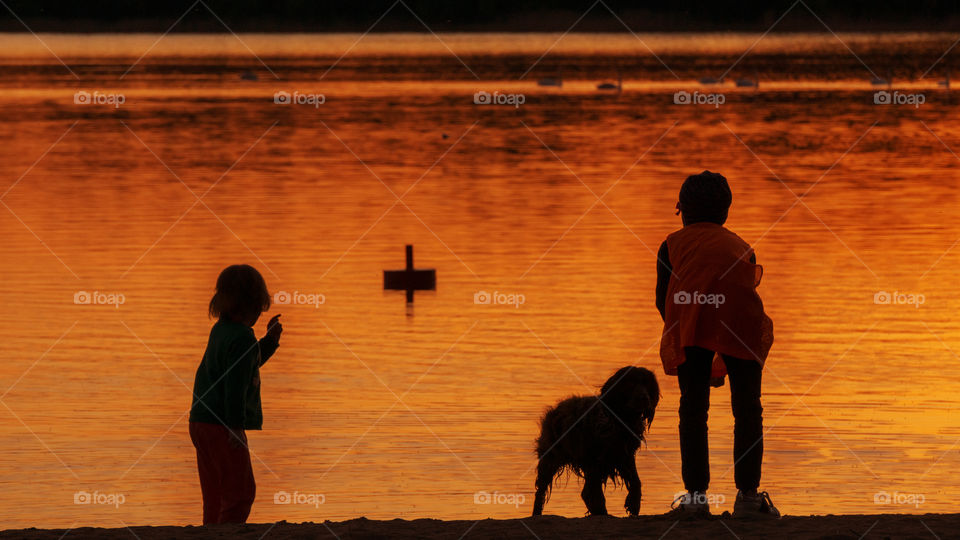 children and a dog walk along the river bank against the sunset