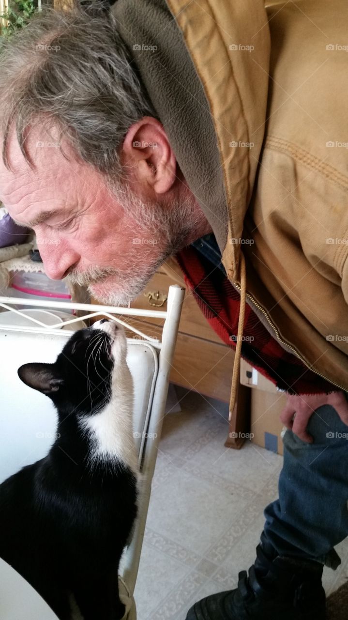 Kitty love . Kitty is given kisses to Dad