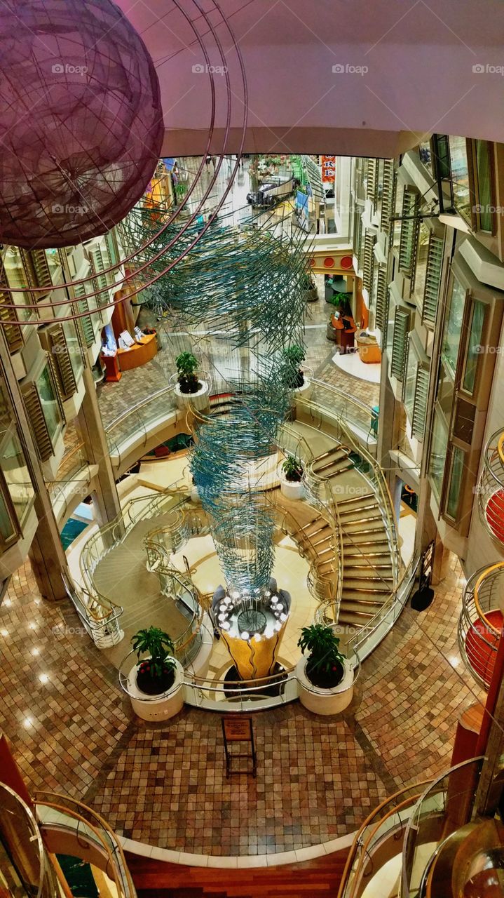 view from above. looking down inside cruise ship