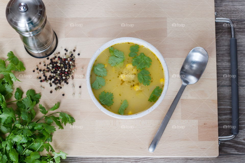 High angle view of soup of bowl