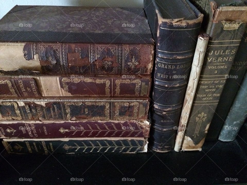 Books. A close up of old books on a shelf