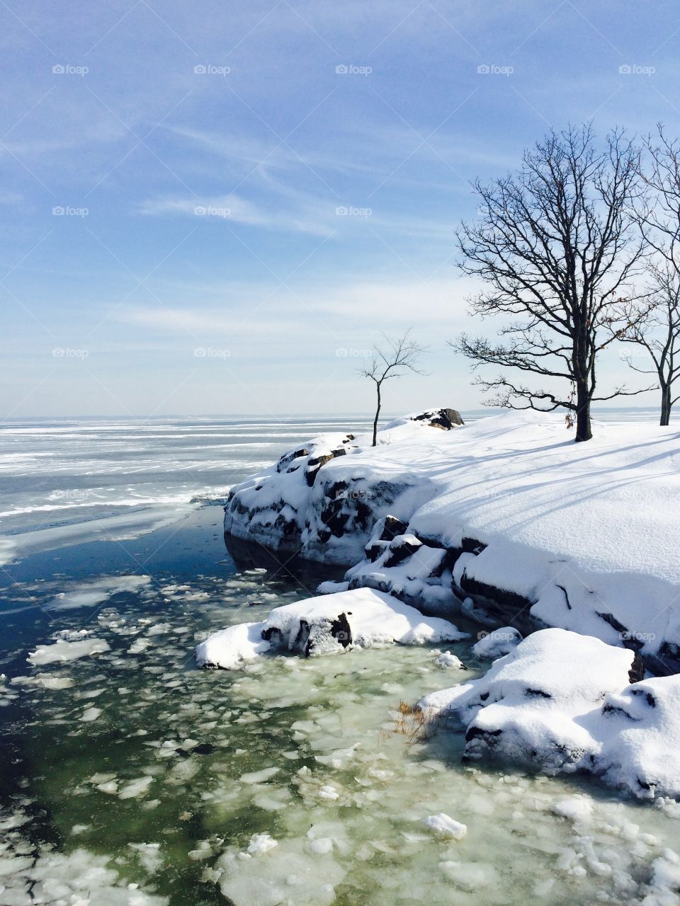 Frozen sea and snow in the winter 