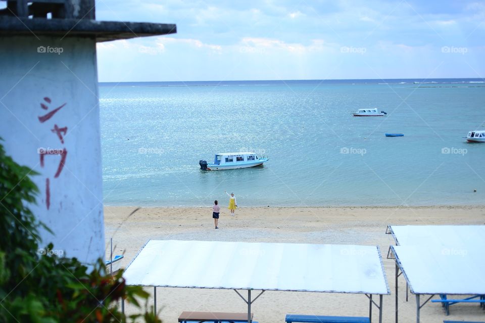 Okinawa Beach. Boat. Blue ocean