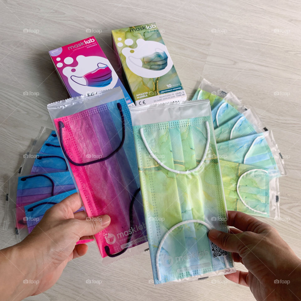 Disposable surgical mask in rainbow ombré and green twilight colours 