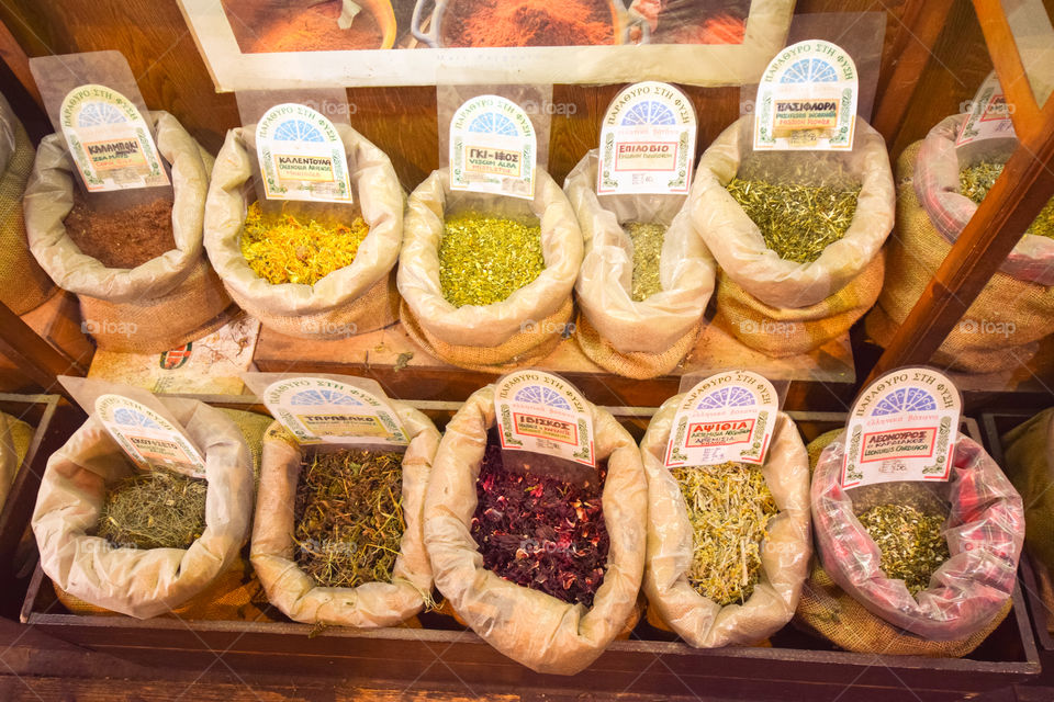 Herbs And Spices In A Market Shop In Greece
