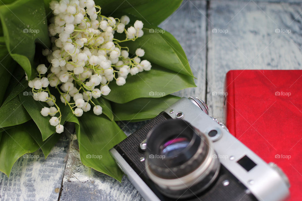 A bouquet of lilies of the valley, a camera and a book