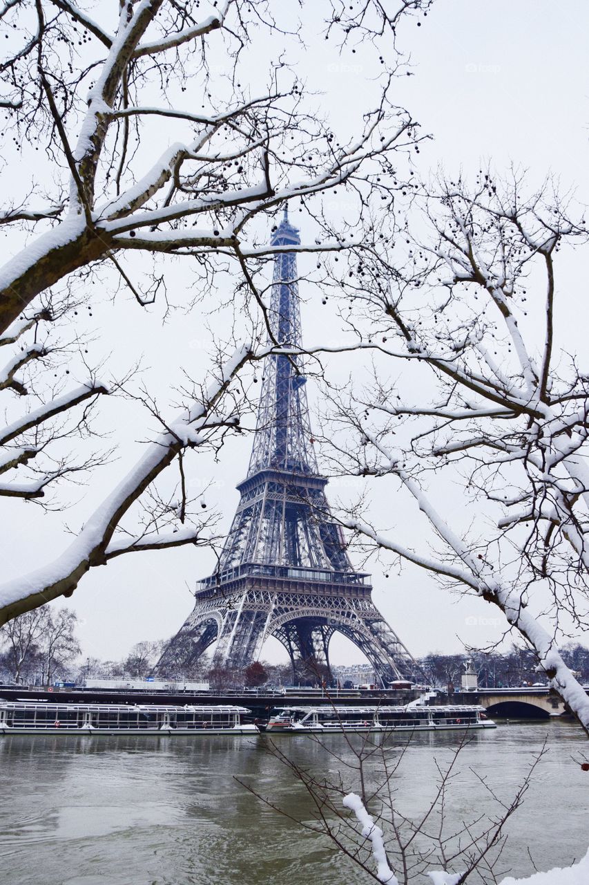 Beautiful symbol of my city paris under the snow 