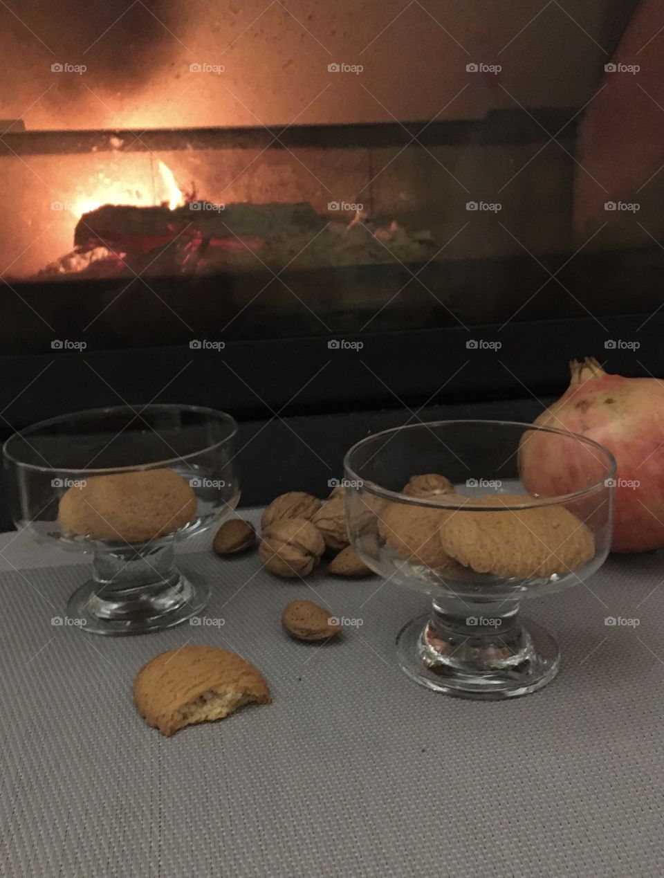 Snacking near the fireplace 