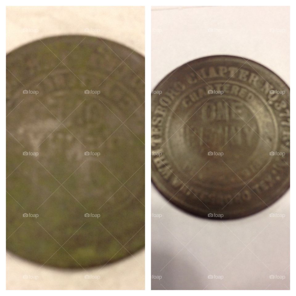 Metal detected Masonic one cent token. Token is from Whitesboro, Texas. Before and after restoration.