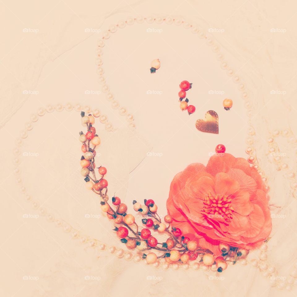 Vintage Coral heart, flower, and pearls