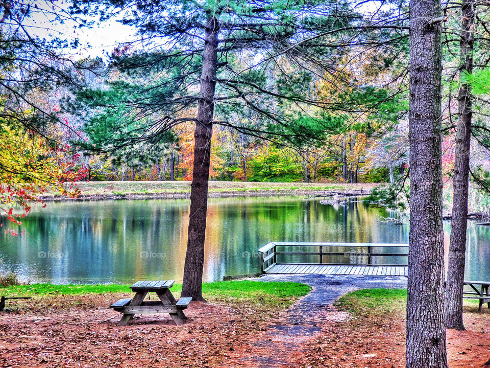 Empty picnic table near lake side