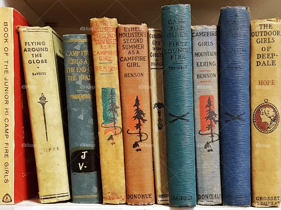 A shelf full of antique books filled with stories about campfire girls.