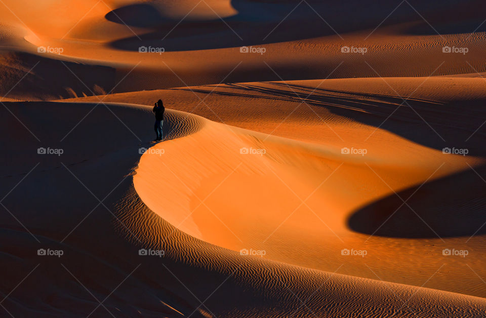 Sunset in the desert with shadows and silhouettes