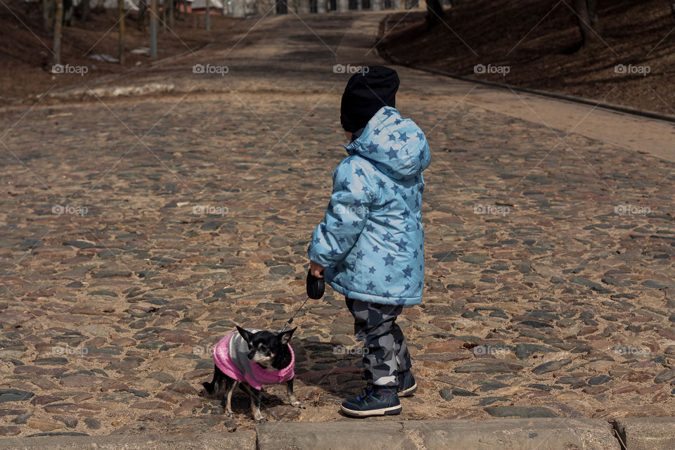 baby and dog for a walk
