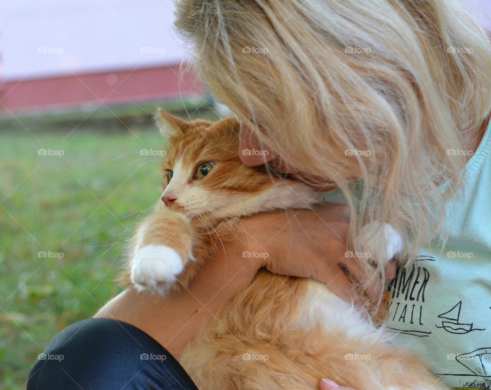 woman and cat outdoor, happiness