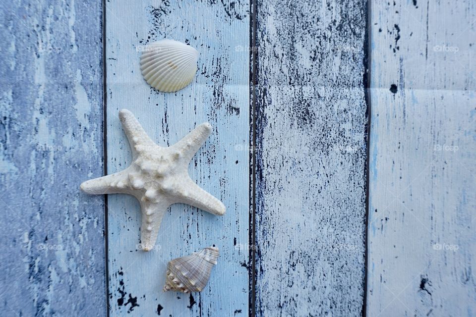 Starfish and seashells on wooden background