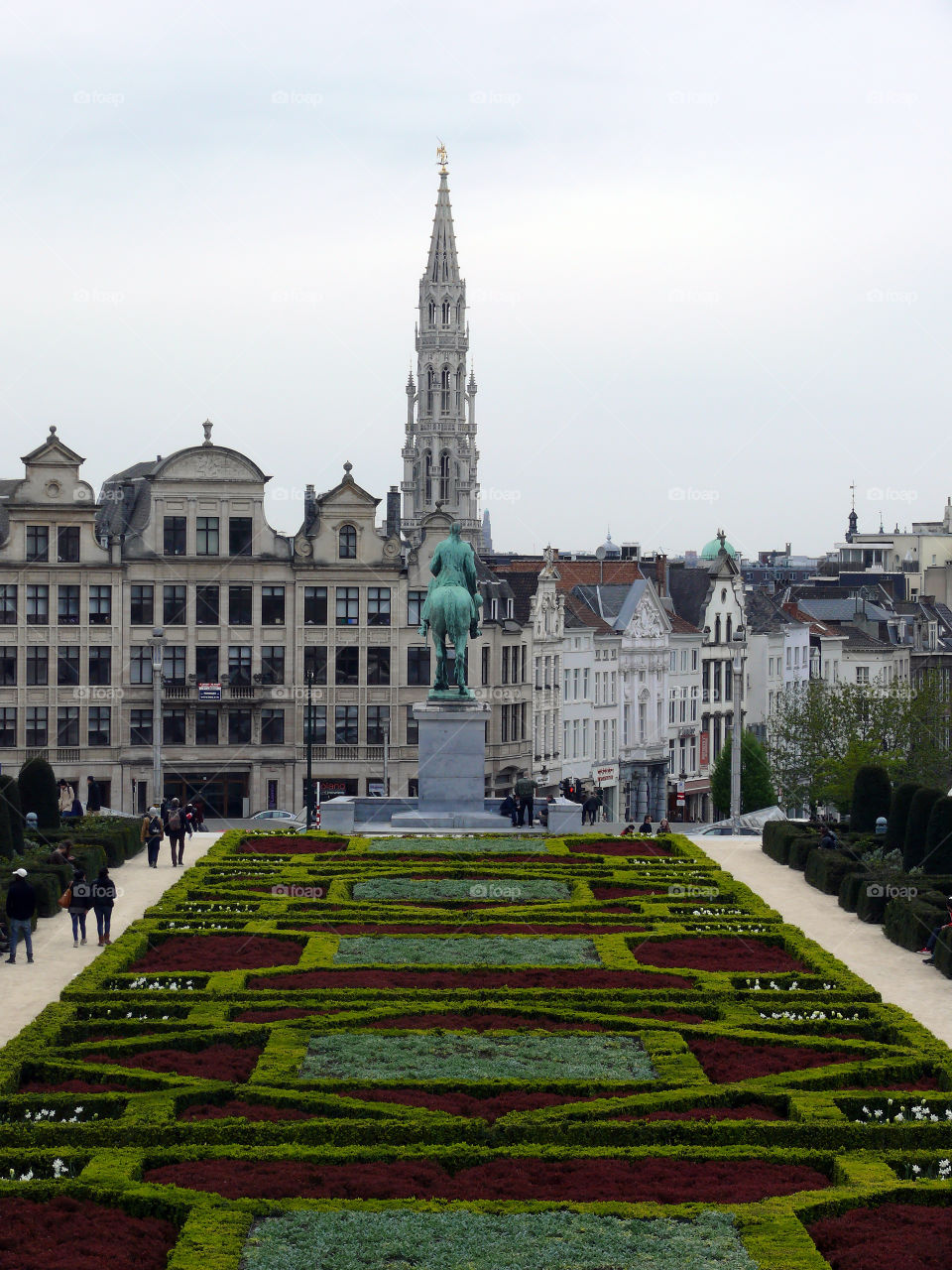 Beautifully arranged landscaping in Brussels, Belgium with Old Town in background.