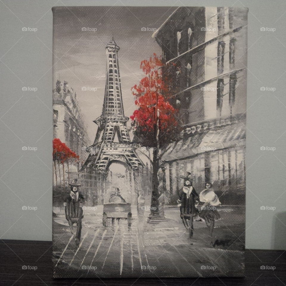 Small Paris painting in black&white, and a splash of red
