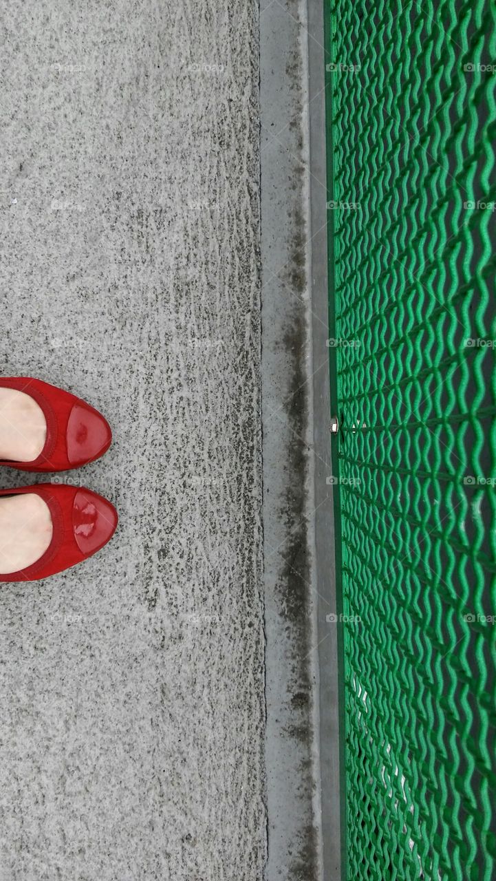 This is me in my shiny red shoes on the deck of a Seattle (The Emerald City) ferry boat.